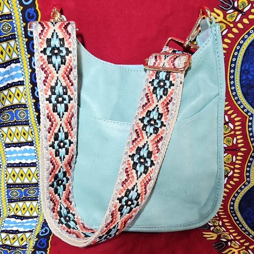Ah-Dorned Vegan Leather Messenger Crossbody Bag with Patterned Guitar Strap